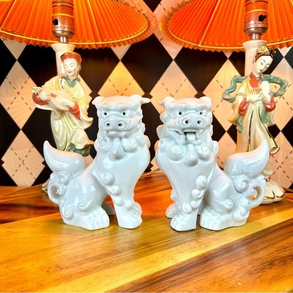 Foo Dog Pair Luxury White Set Ceramic Chinoiserie Guardians Vintage Luxury 6” - Picture 12 of 12